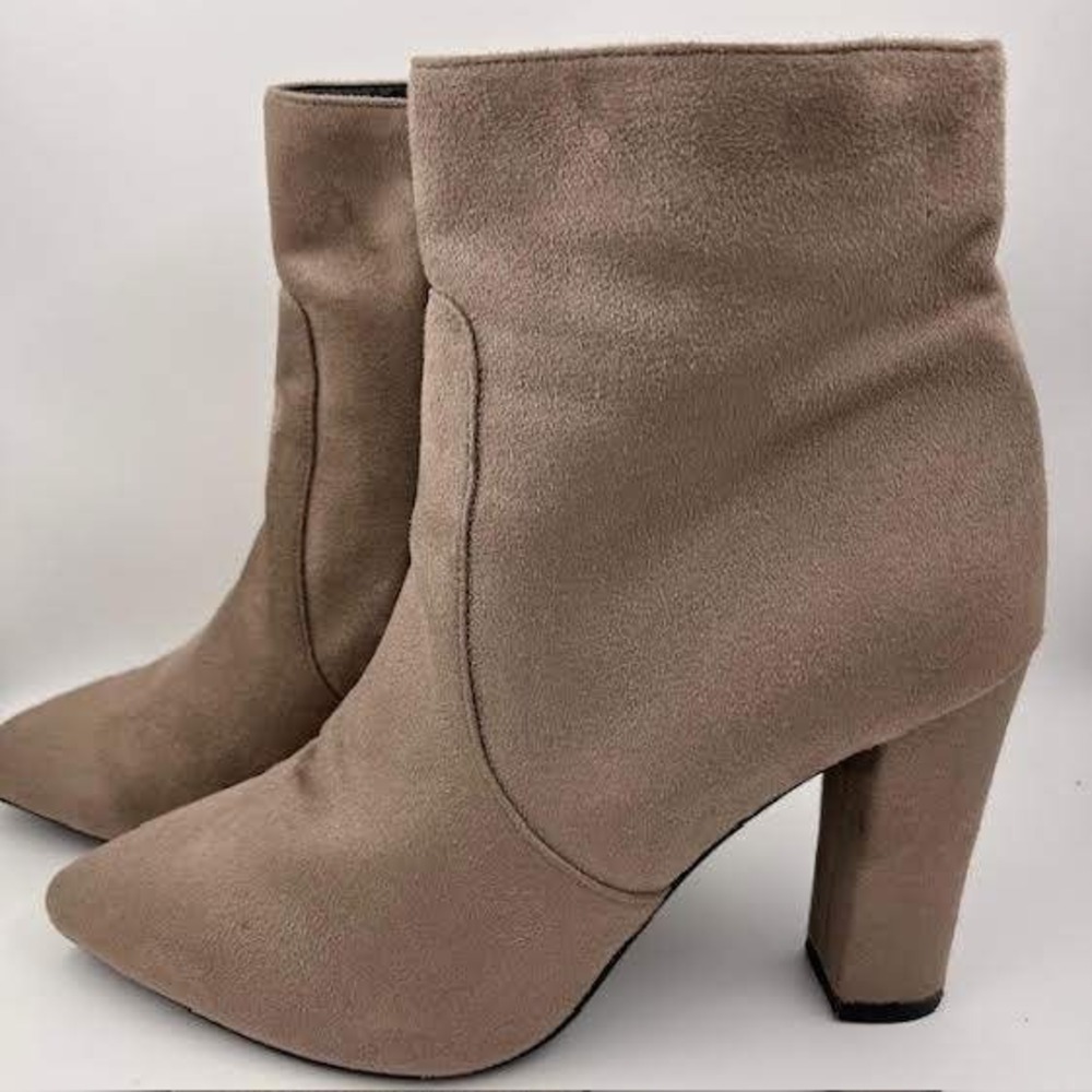 Womens Ankle Boots Stacked Block Heel Pointed Toe‎ Pull On Taupe Suede